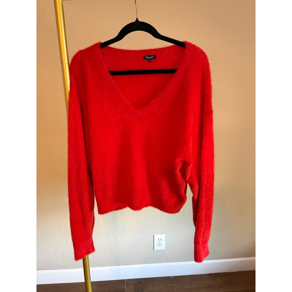Splendid‎ Sweater Red Eyelash Knit V-Neck Fuzzy Plush Pullover L Capsule Holiday